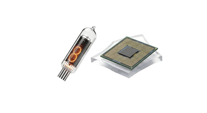 Nixie tube and modern microprocessor chip comparison isolated on transparent background