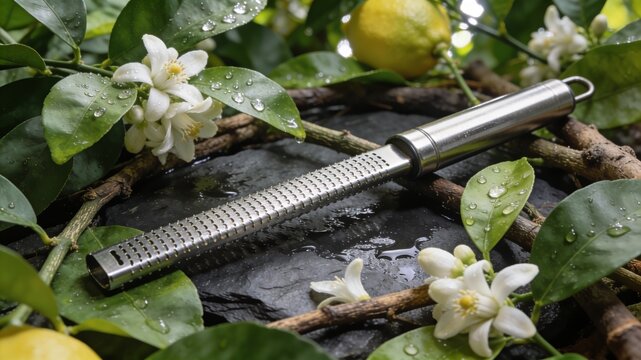 A professional microplane grater lies on a wet stone surrounded by fresh green leaves and white blossoms, with a whole yellow lemon in the background.