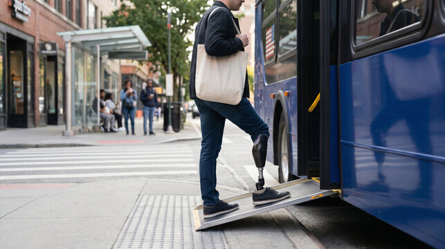 Commuter With Prosthetic Leg Boards Low-Floor Bus at City Stop