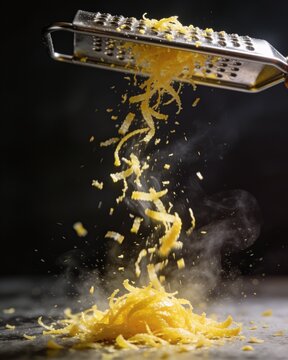 Dynamic close-up of bright yellow lemon zest falling in a stream from a metal microplane grater, creating a pile with a misty dark background.