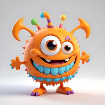 Modello 3D di un simpatico mostro arancione con grandi occhi, un ampio sorriso e antenne colorate sulla testa, in piedi su uno sfondo bianco uniforme
