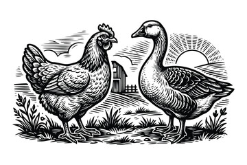 Farm life landscape illustration featuring a chicken and goose in a rustic setting © Sadek