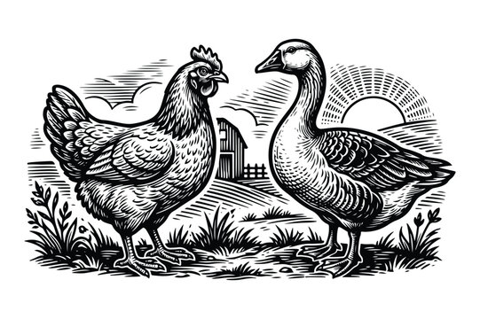 Farm life landscape illustration featuring a chicken and goose in a rustic setting