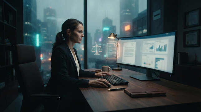 Lawyer reviewing official digital corporate contract documents and legal compliance files on professional computer screen