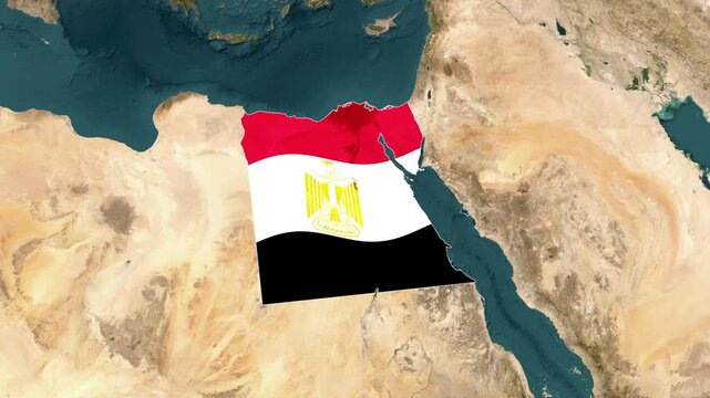 Satellite Earth zooms into the Egypt map highlighted with the national flag