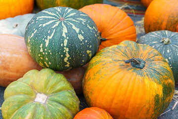Orange and green pumpkins displayed on hay bales at an autumn harvest festival. Rustic seasonal...