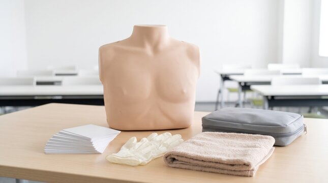 CPR training setup with a dummy torso blank cards disposable gloves and a medical pouch