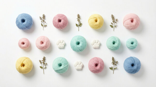 Minimalist Cat Accessories Flat Lay on White Background. Clean overhead arrangement of pastel yarn balls, catnip sprigs, and paw print shapes on pristine white surface with soft shadows