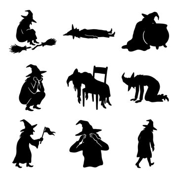 Set of sad and bored witch silhouettes isolated on white background.