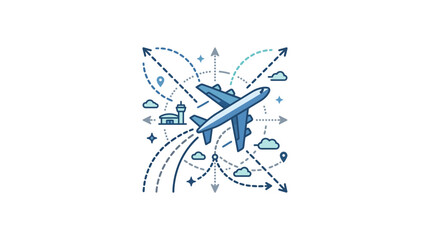 Creative Blue Airplane Travel Route Map with Airport and Clouds for Aviation and Travel Concepts © Ahmad