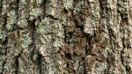 Fototapeta premium Tree Bark Macro Rustic Authentic Brown Texture. Extreme macro detail of rough tree bark showing deep crevices and lichen, rustic brown earth tones, authentic natural surface