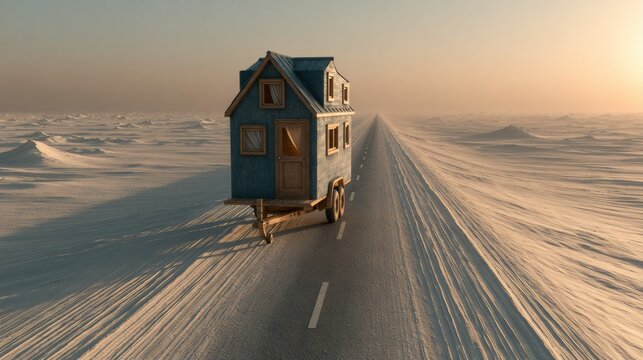 A tiny house on wheels drives along a desert highway at dusk, creating long shadows over the landscape under a vast horizon.