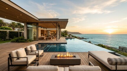 Fototapeta premium Modern luxury oceanfront villa with infinity pool and fire pit at sunset for vacation rental