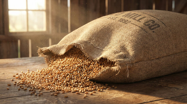 Vintage Grain Sack Texture Rustic Background Image. Close-up of burlap grain sack with wheat kernels spilling out, authentic rustic texture, warm nostalgic lighting