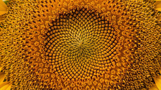 Bright Sunflower Center Spiral Pattern Macro Abstract. Extreme close-up of sunflower disk florets showing fibonacci spiral pattern, mathematical nature, artistic botanical