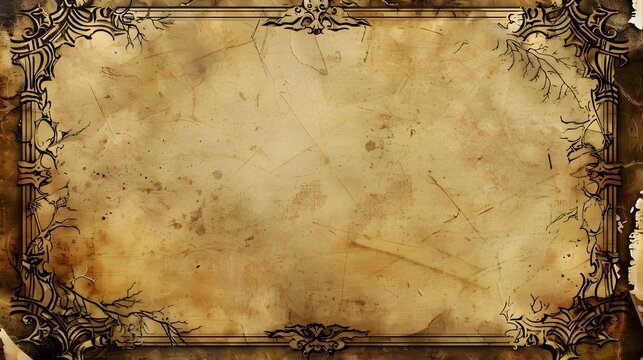 An ornate rectangular frame featuring intricate gothic carvings surrounding a textured piece of aged parchment paper with dark brown stains