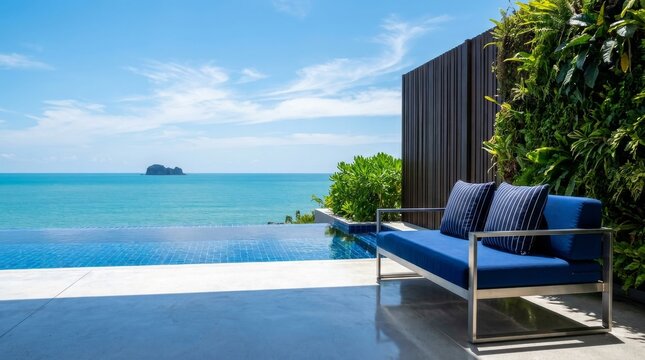 Luxury oceanfront house with infinity pool and blue sofa overlooking the tropical sea horizon