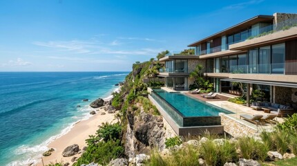 Fototapeta premium Modern luxury oceanfront villa with infinity pool overlooking a tropical cliffside beach