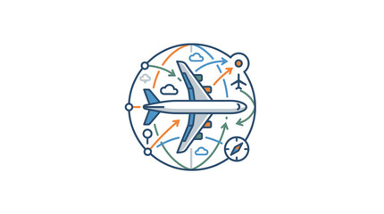 Creative of Global Aviation Network with Airplanes Arrows and Icons Inside a Circular Globe with high quality professional line art symbols for modern creative design and digital branding projects © Ahmad