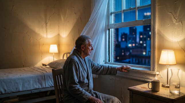 Recovering patient seeks air beside an old ward window