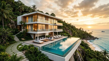 Fototapeta premium Modern Luxury Oceanfront Villa with Infinity Pool at Sunset Overlooking Tropical Beach