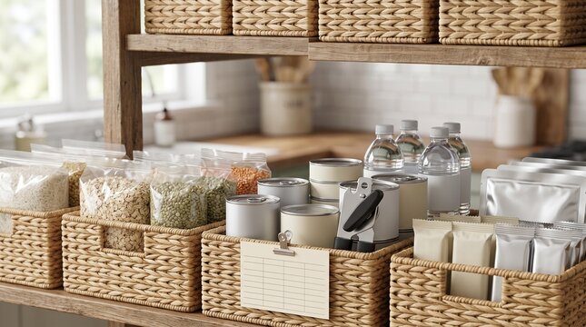 Emergency pantry kit on kitchen shelves, organized disaster food storage with blank rotation card