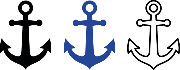 Three stylized anchors in black blue and outline on white for nautical design projects © Tee Craft