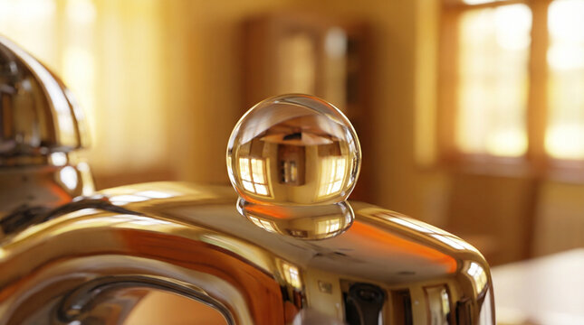 Hyperreal Water Droplet on Chrome Surface Macro Abstract. Extreme close-up of crystalline water droplet reflecting distorted reality on polished chrome, warm golden ambient lighting