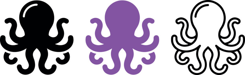 Three stylized octopus icons in black purple and outline on white background © Tee Craft