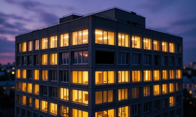 Fototapeta premium Modern office building at dusk with illuminated windows. Corporate skyscraper lit for nighttime business operations and urban workspaces.