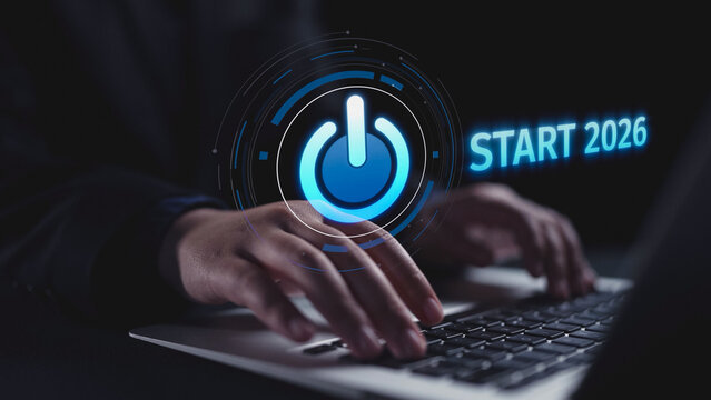Start 2025 concept with futuristic power button symbolizing fresh beginnings, innovation, and digital transformation. Start 2025, new goals, and start 2025 initiative. Elide