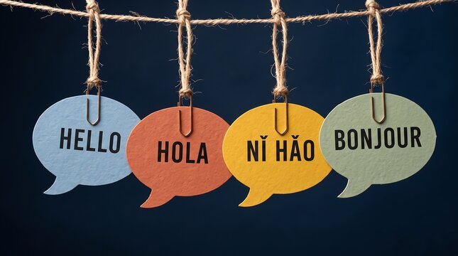 Speech bubbles with multilingual greetings on blue background