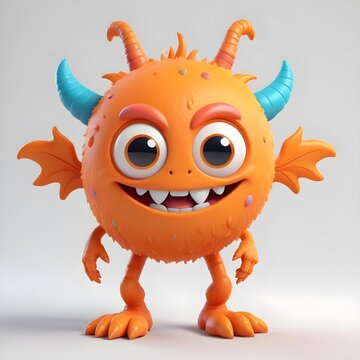 3D-Modell eines niedlichen orangefarbenen Monsters mit gro&szlig;en Augen, einem breiten L&auml;cheln und bunten F&uuml;hlern auf dem Kopf, vor einem schlichten wei&szlig;en Hintergrund