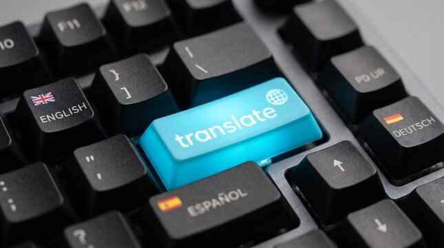 Glowing blue translate button on a black computer keyboard