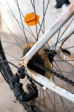 A vertical close-up shows the rear derailleur pulley wheel on a dirty bicycle. The mechanical drivetrain includes the chain, gear cassette, spokes, and an orange reflector.