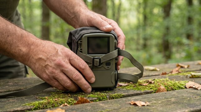 Hands strapping a camouflage trail camera to a wooden table in the forest