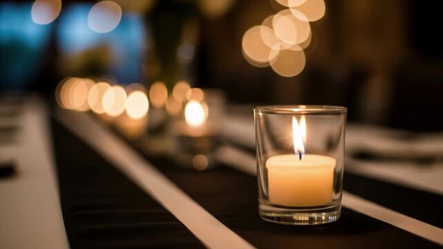 Lit candle in a glass holder on a table