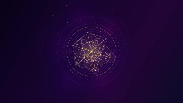 Animated sacred geometry symbol rotating against dark purple background.