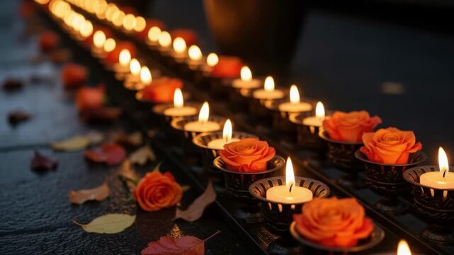 Row of lit candles and orange roses