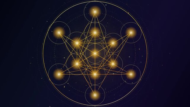 Glowing golden Metatron cube sacred geometry symbol rotating on a dark particle background