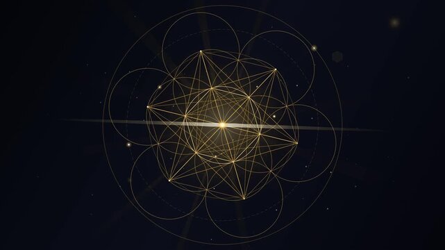 Glowing golden sacred geometry symbol forming in dark cosmic space with particles