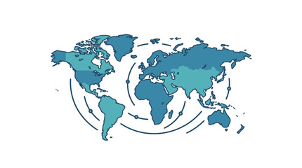 Clean Minimalist World Map with Global Flight Routes in Light and Dark Blue Shades with high quality professional line art symbols for modern creative design and digital branding projects © Budi Indriyani
