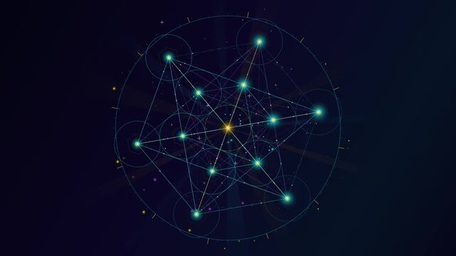 Glowing Metatron sacred geometry symbol rotating over a dark background with connecting digital nodes.