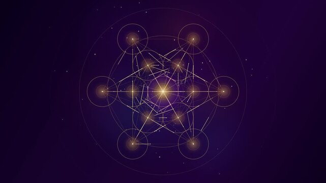 Glowing Metatron Cube Sacred Geometry Symbol Rotating on Dark Purple Background