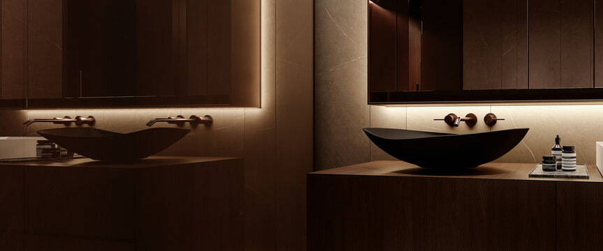 Modern low light interior design of bathroom. Close up of black bathroom sink with copy space. 3D Rendering, 3D Illustration