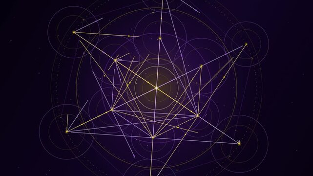 Glowing sacred geometry abstract geometric lines rotating on dark background
