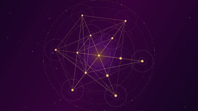 Golden glowing nodes connect with geometric lines forming sacred geometry patterns on dark purple background