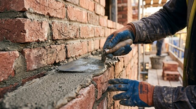 Close-up of a construction worker laying red bricks with fresh mortar using a trowel at a building construction site