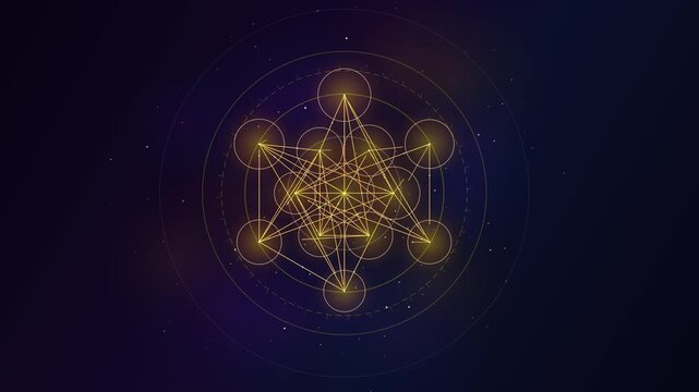 Golden Metatron's cube sacred geometry symbol rotating on a dark cosmic starry background.