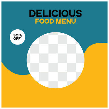 modern delicious food menu social media post template with blue and yellow abstract background